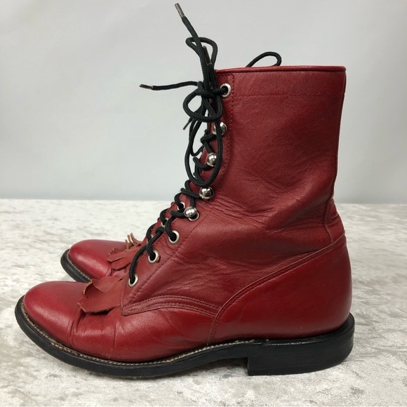 Cowtown Red Leather Made In Mexico granny Boots Size 5D Women's fringe lace up - Picture 2 of 7